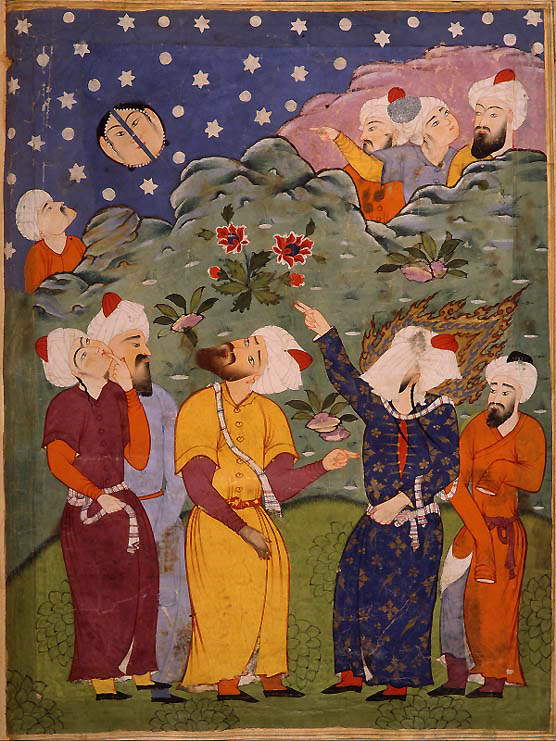 A veiled Muhammad splits the moon.